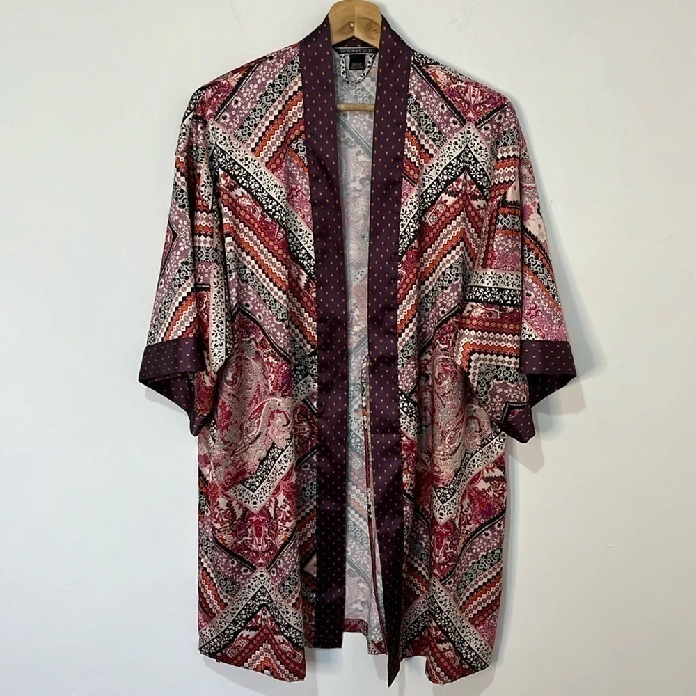 Victoria's Secret Boho Satin Kimono Bath Robe Faux Patchwork Maroon Women's XS/S